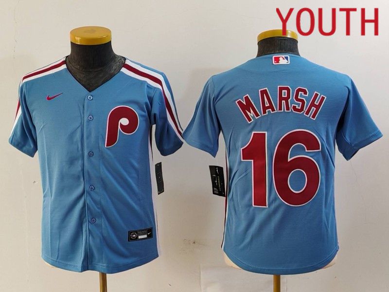 Youth Philadelphia Phillies #16 Marsh Blue Throwback 2024 Nike MLB Jersey style 1->youth mlb jersey->Youth Jersey